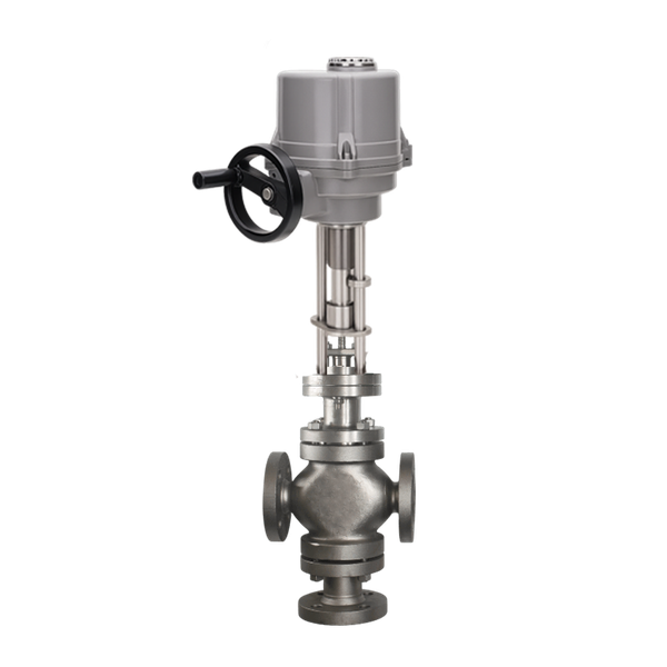 Клапан регулирующий трехходовой фланцевый, AISI304 DN15 PN16, с электроприводом AC 220V, KVS 3,2