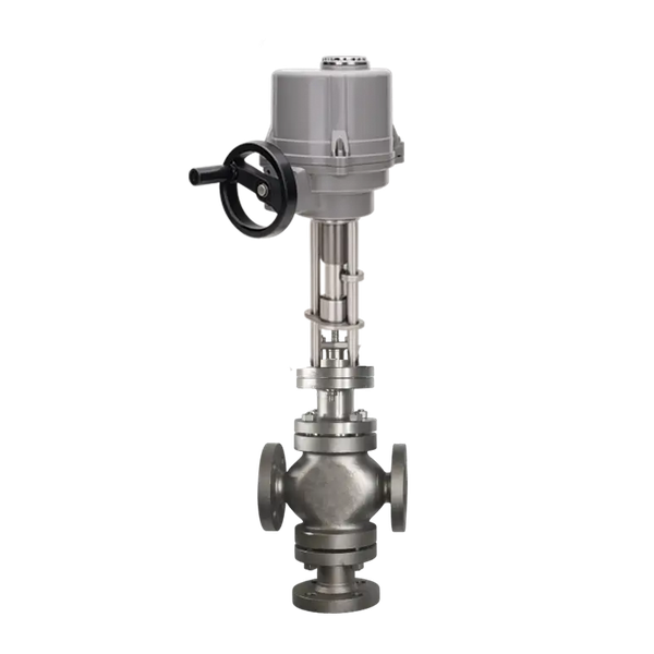 Клапан регулирующий трехходовой фланцевый, AISI304 DN15 PN25, с электроприводом AC 220V, KVS 3,2