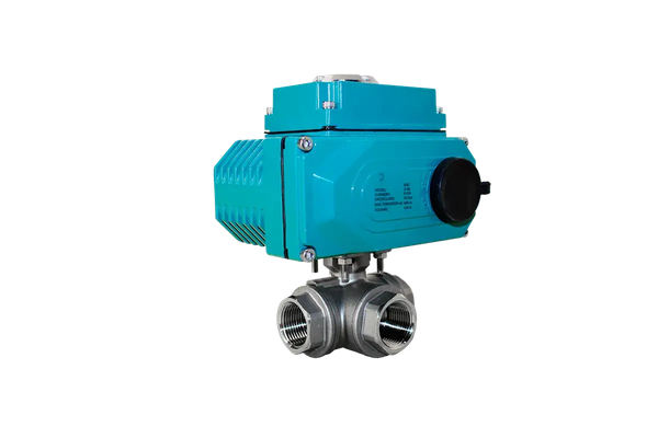 Кран шаровый трёхходовой L-тип, AISI304 DN15 (1/2"), с электроприводом AC 24V (C-03)