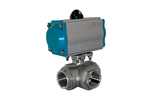 Кран шаровый трёхходовой T-тип, AISI304 DN32 (1_1/4"), с двухсторонним пневмоприводом AT63D