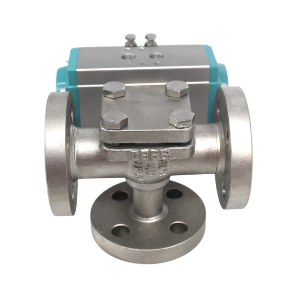 Кран шаровый трехходовой (T-тип) фланцевый, AISI316 DN100, PN16 с односторонним пневмоприводом AT140