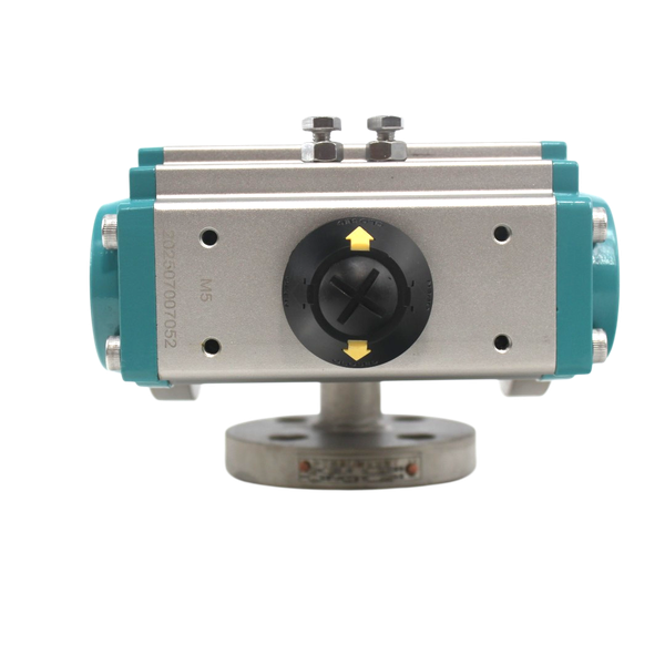 Кран шаровый трехходовой (T-тип) фланцевый, AISI316 DN100, PN16 с односторонним пневмоприводом AT140