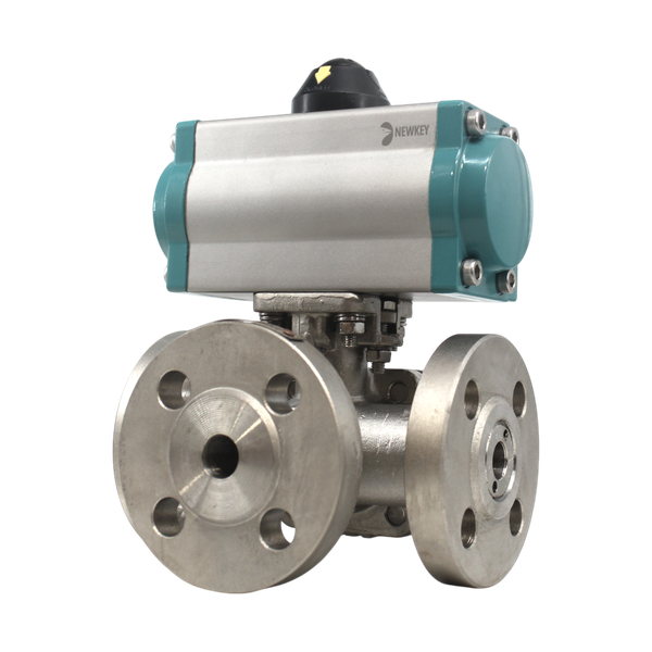 Кран шаровый трехходовой (T-тип) фланцевый, AISI316 DN100, PN16 с односторонним пневмоприводом AT140