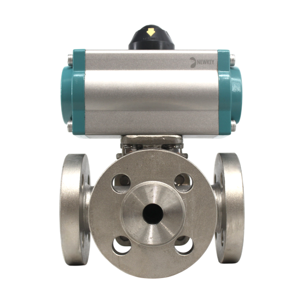 Кран шаровый трехходовой (T-тип) фланцевый, AISI316 DN100, PN16 с односторонним пневмоприводом AT140